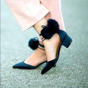 ASOS ankle wrap Pom Pom navy satin low heels